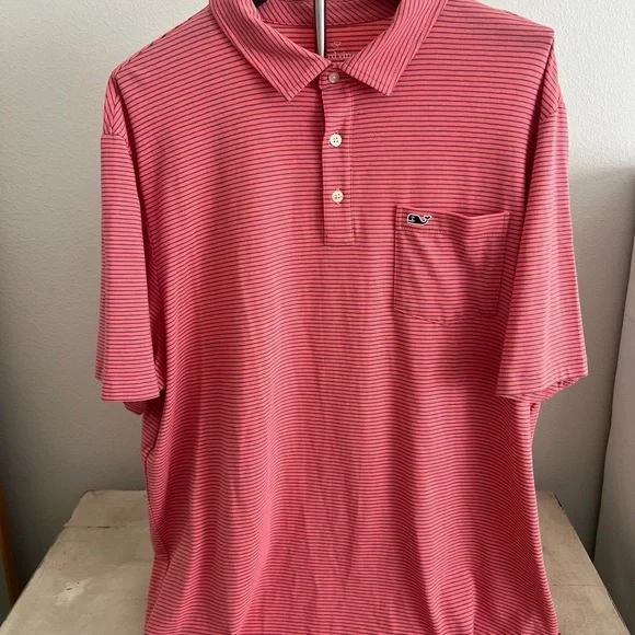 Vineyard Vines Men's Jersey Polo in Pink and Blue Stripes. XL - Picture 1 of 6